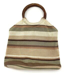 The SAK Lined Crochet Neutral Striped Handbag Faux Wood Ring Handles 10" x 12"